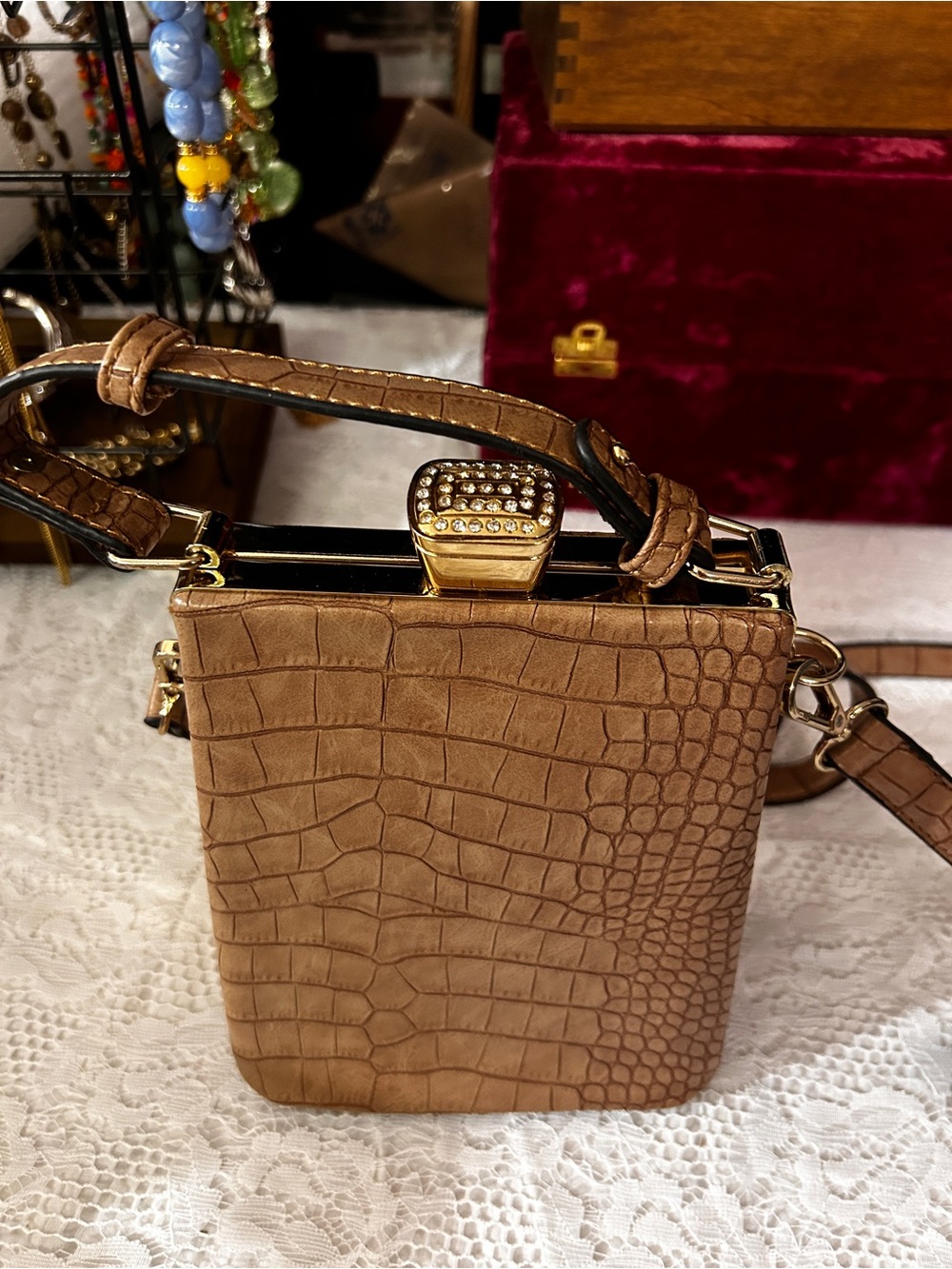 Classic Croc-Embossed Crossbody Bag - Tan